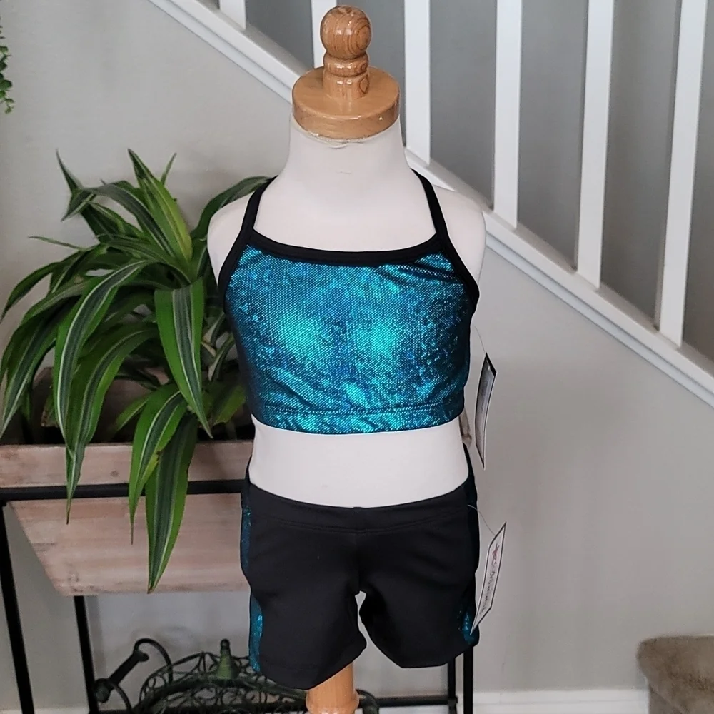 Shimmy Shimmy Inc Turquoise Hologram Dance crop top and short Set NWT Cheer Gym